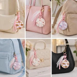 Cute Cosmetic Mirror Bag Charm Keychain – Double-Sided Mini Makeup Mirror With Decorative Lace/Cord