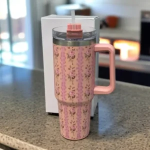 Floral Pink Insulated Tumbler with Straw and Handle | Stylish Lightweight Stainless Steel Sporty Style Tumbler