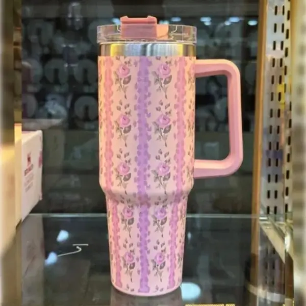 Floral Pink Insulated Tumbler with Straw and Handle | Stylish Lightweight Stainless Steel Sporty Style Tumbler - Image 2