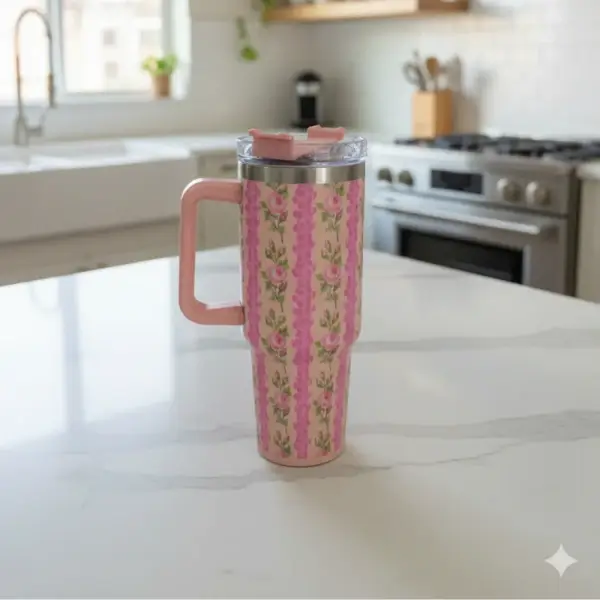 Floral Pink Insulated Tumbler with Straw and Handle | Stylish Lightweight Stainless Steel Sporty Style Tumbler - Image 3