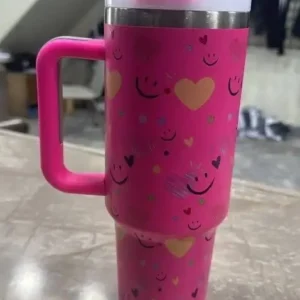 Love and Smiles Pink Insulated Tumbler with Straw and Handle | Stylish Lightweight Stainless Steel Sporty Style Tumbler
