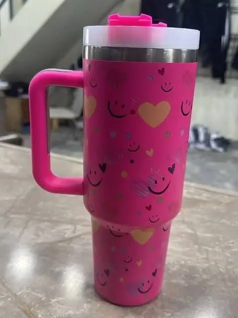 Love and Smiles Pink Insulated Tumbler with Straw and Handle | Stylish Lightweight Stainless Steel Sporty Style Tumbler